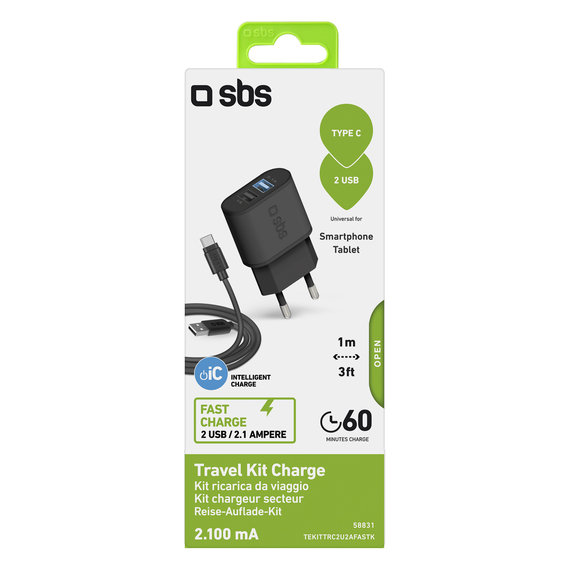 SBS - 10W Ladeadapter 2x USB + Kabel USB / USB-C, schwarz