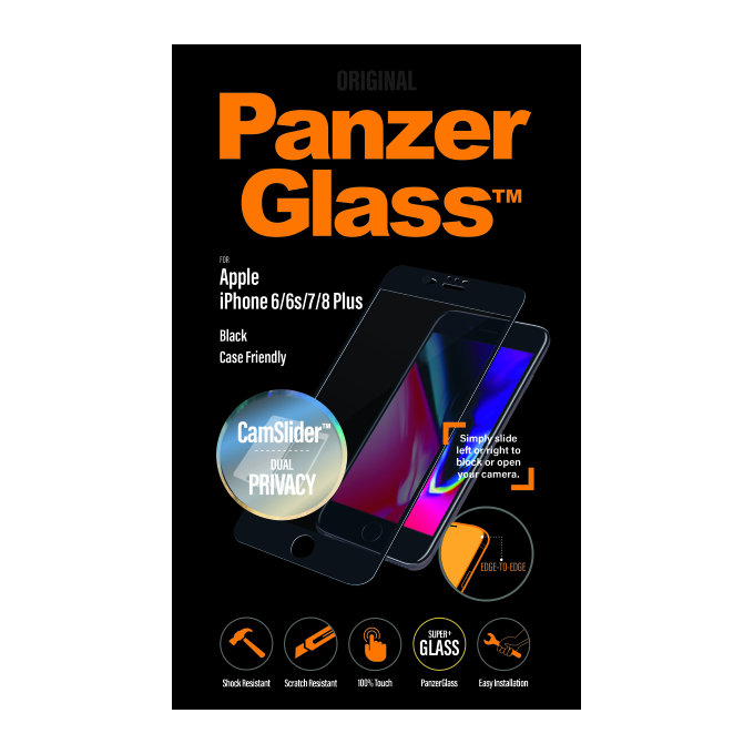 PanzerGlass - Sichtschutzhülle aus gehärtetem Glas Friendly CamSlider für iPhone 8/7 / 6s / 6 Plus, Schwarz