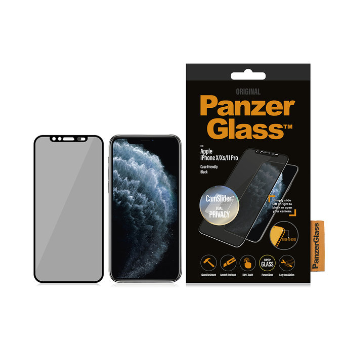 PanzerGlass - Gehärtetes Glas Case Friendly CamSlider Privacy für iPhone X, XS und 11 Pro, black