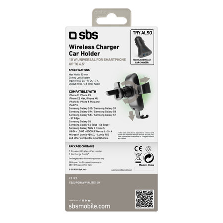 SBS - Schwerkraft Autohalterung mit kabelloser Ladung, 10W, Qi, schwarz
