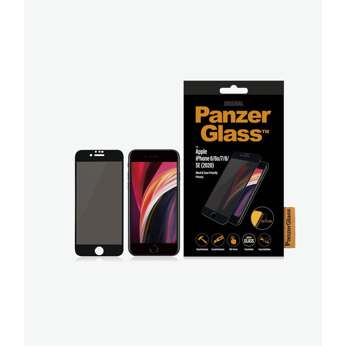 PanzerGlass - Gehärtetes Glas Privacy Case Friendly für iPhone 6, 6s, 7, 8, SE 2020 und SE 2022, schwarz