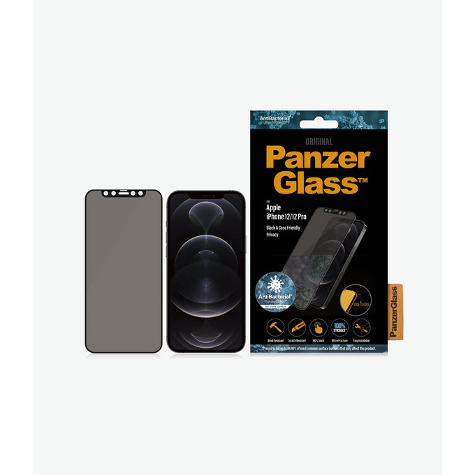 PanzerGlass - Gehärtetes Glas Privacy Case Friendly AB für iPhone 12 und 12 Pro, schwarz