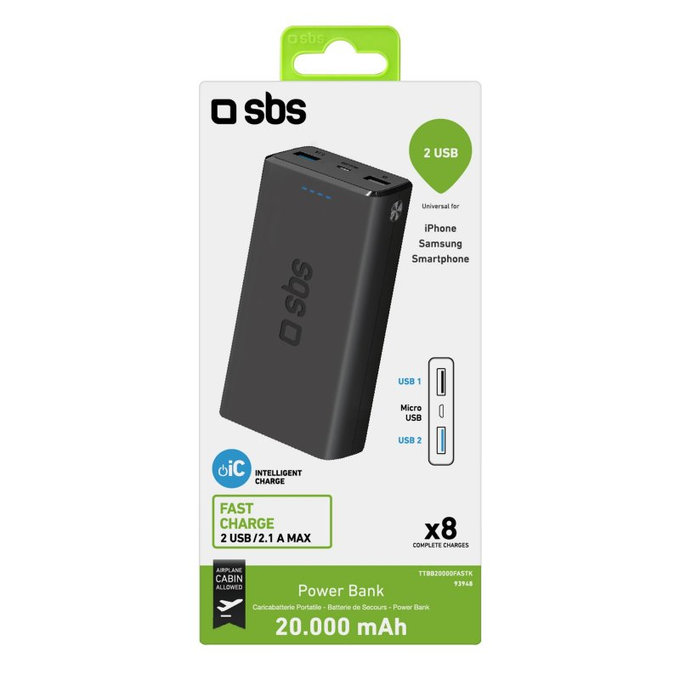 SBS - PowerBank 20 000 mAh, 2x USB, 2,1A, schwarz
