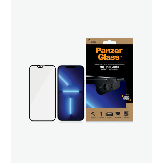 PanzerGlass - Gehärtetes Glas Case Friendly CamSlider AB für iPhone 13 Pro Max und 14 Plus, schwarz