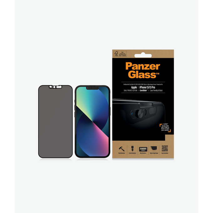 PanzerGlass - Gehärtetes Glas Case Friendly Privacy CamSlider AB für iPhone 13, 13 Pro und 14, schwarz