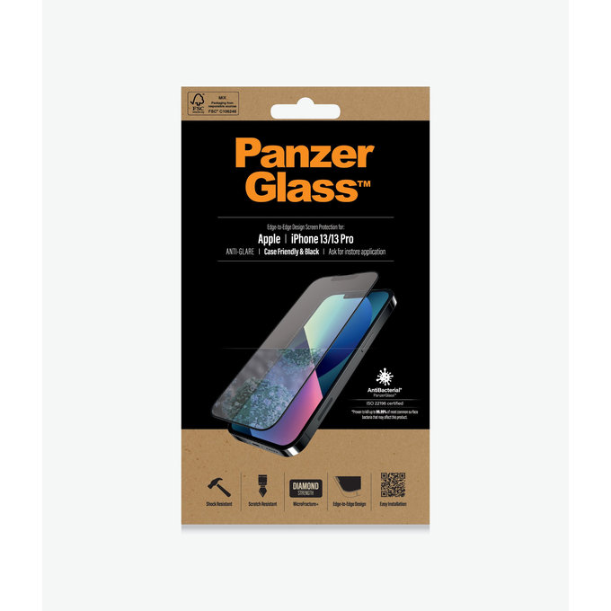 PanzerGlass - Gehärtetes Glas Case Friendly Anti-Glare AB für iPhone 13, 13 Pro und 14, black
