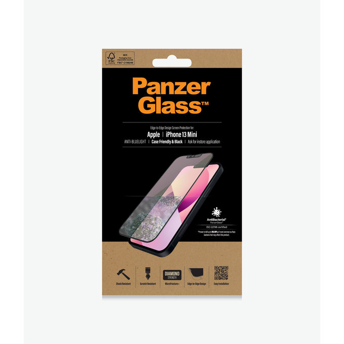 PanzerGlass - Gehärtetes Glas Case Friendly Anti-Bluelight AB für iPhone 13 mini, schwarz