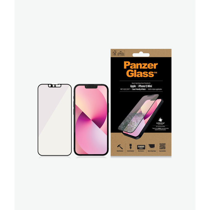 PanzerGlass - Gehärtetes Glas Case Friendly Anti-Bluelight AB für iPhone 13 mini, schwarz