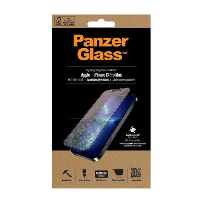 PanzerGlass - Gehärtetes Glas Case Friendly Anti-Bluelight AB für iPhone 13 Pro Max und 14 Plus, schwarz