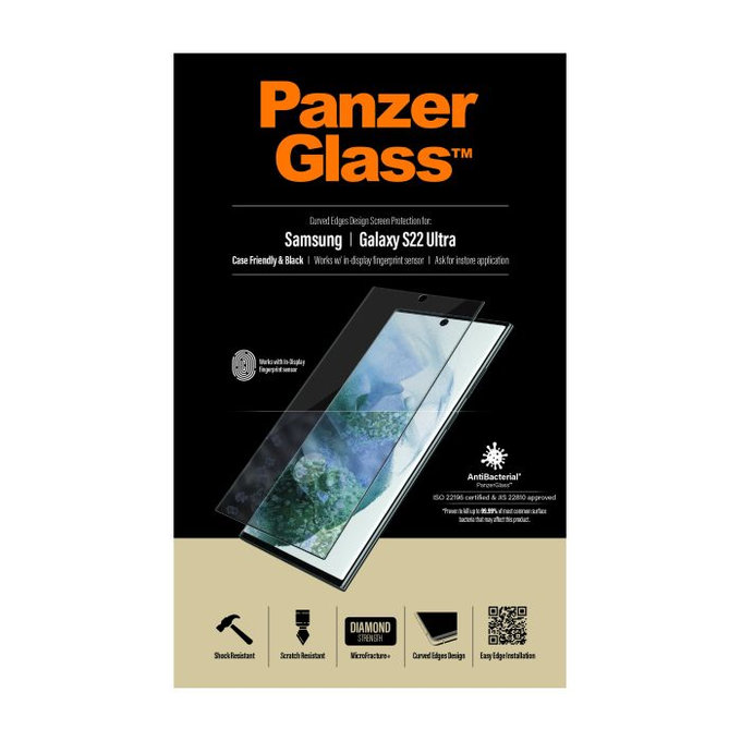 PanzerGlass - Gehärtetes Glas Case Friendly AB für Samsung Galaxy S22 Ultra, Fingerprint komp., schwarz
