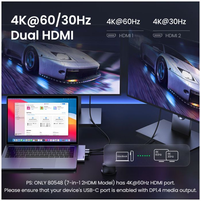 UGREEN - Dualer USB-C Hub 7in1, grau