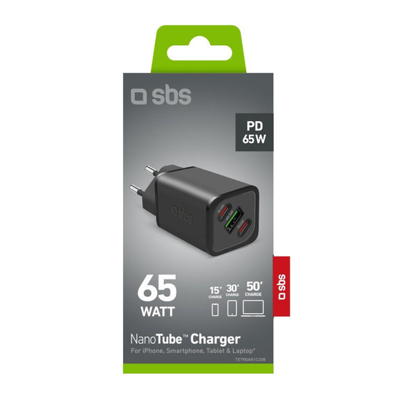 Reiseadapter NanoTube 2x USB-C/USB-A, GaN, 65 W PD, schwarz, SBS