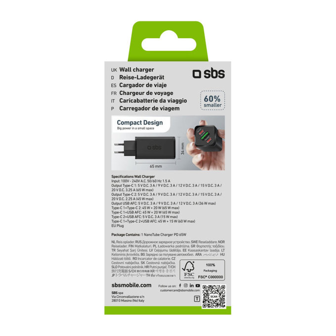 Reiseadapter NanoTube 2x USB-C/USB-A, GaN, 65 W PD, schwarz, SBS