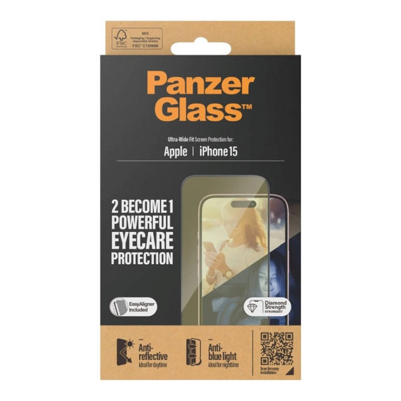 Schutzglas UWF Eyecare mit Applikator für iPhone 15, Schwarz, PanzerGlass