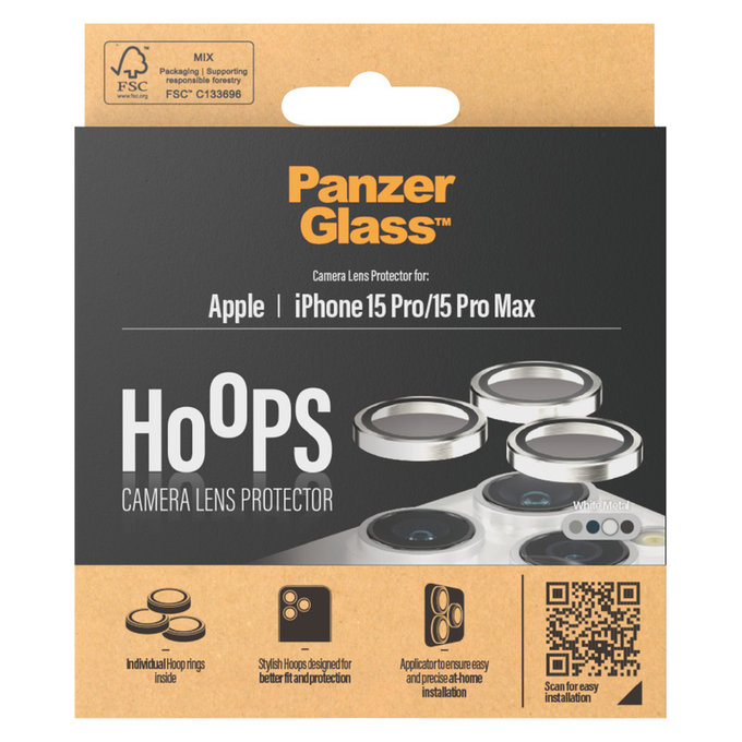 Kameraobjektivschutz Hoops für iPhone 15 Pro/15 Pro Max, White Metal, PanzerGlass