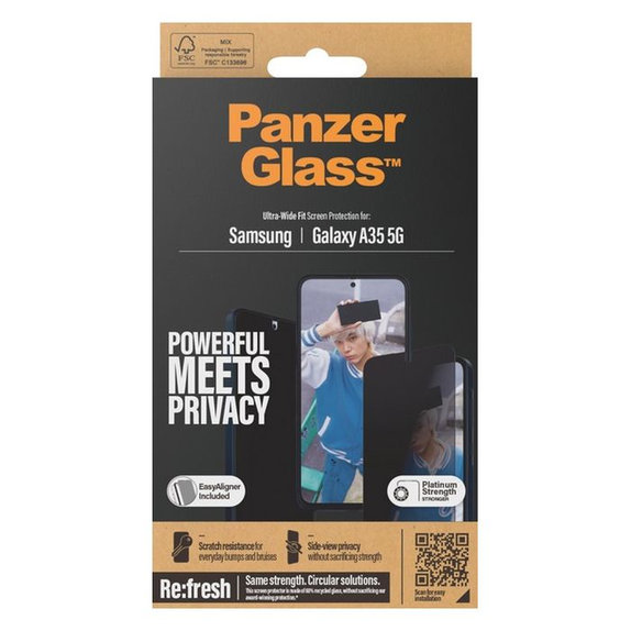 PanzerGlass - Gehärtetes Glas Re:Fresh UWF Privacy mit aplicator für Samsung Galaxy A35, schwarz