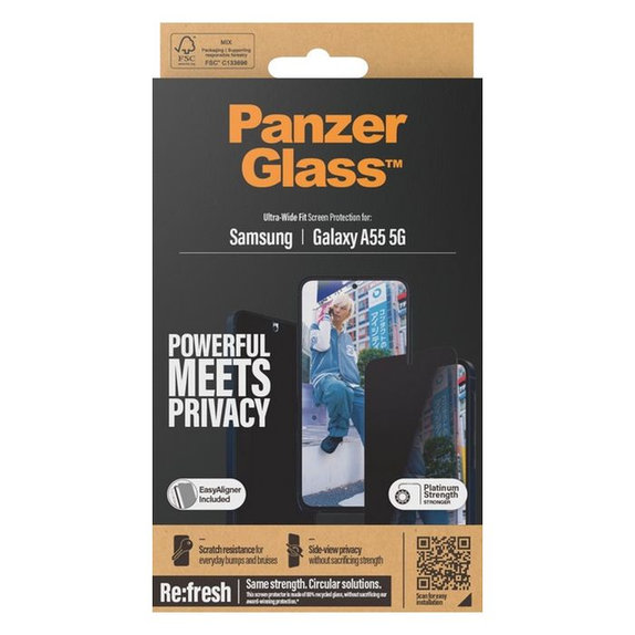 PanzerGlass - Gehärtetes Glas Re:Fresh UWF Privacy mit aplicator für Samsung Galaxy A55, schwarz