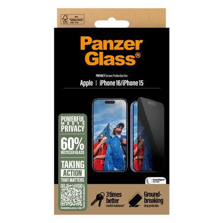 PanzerGlass - Gehärtetes Glas UWF Privacy mit Applikator Für iPhone 16, schwarz