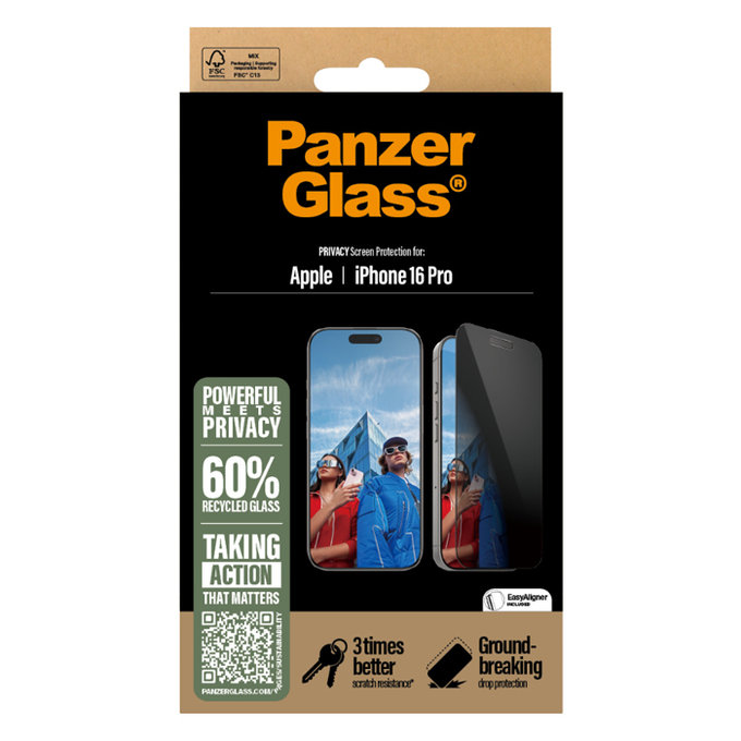 PanzerGlass - Gehärtetes Glas UWF Privacy mit Applikator Für iPhone 16 Pro, schwarz