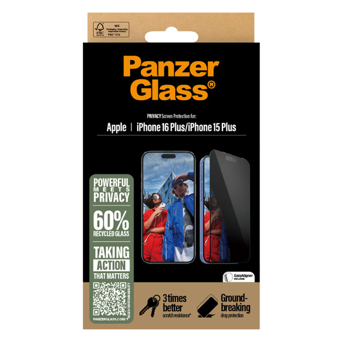 PanzerGlass - Gehärtetes Glas UWF Privacy mit Applikator Für iPhone 16 Plus, schwarz