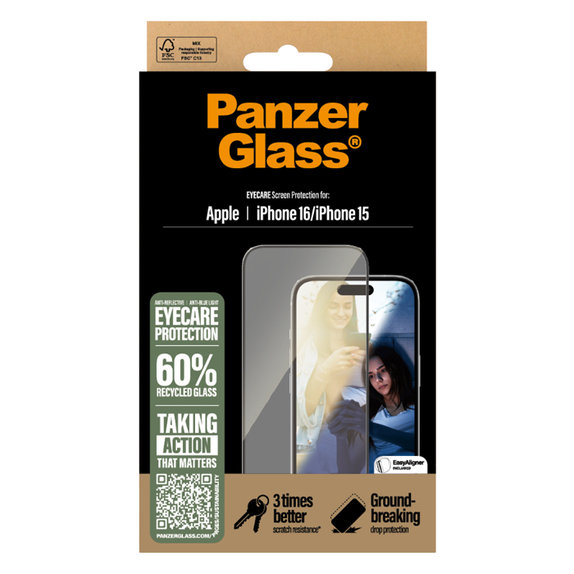 PanzerGlass - Gehärtetes Glas UWF Eyecare mit Applikator Für iPhone 16, schwarz