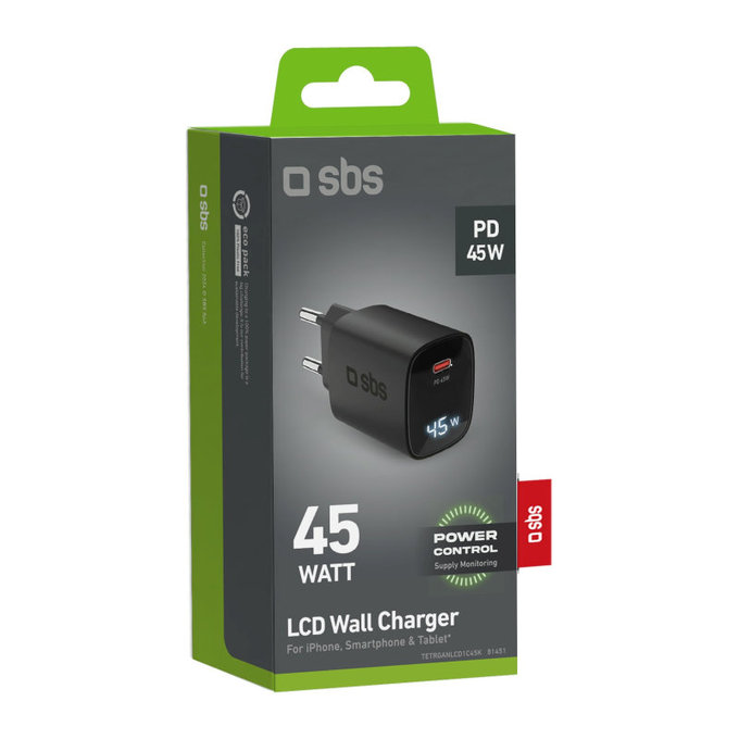 Reiseadapter LCD USB-C, GaN, 45 W PD, schwarz, SBS