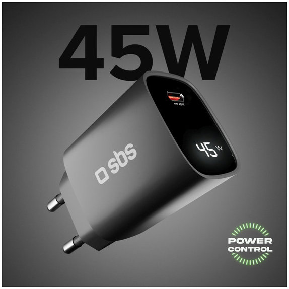 Reiseadapter LCD USB-C, GaN, 45 W PD, schwarz, SBS