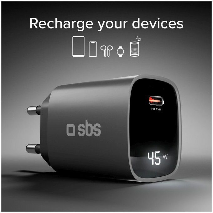 Reiseadapter LCD USB-C, GaN, 45 W PD, schwarz, SBS