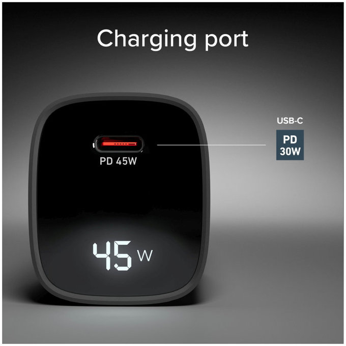 Reiseadapter LCD USB-C, GaN, 45 W PD, schwarz, SBS