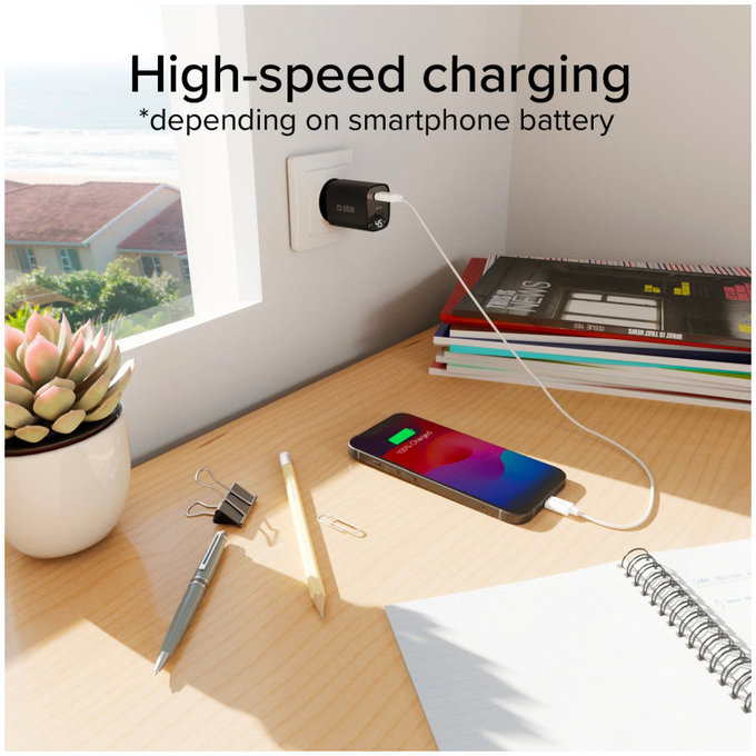Reiseadapter LCD USB-C, GaN, 45 W PD, schwarz, SBS