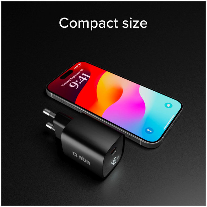 Reiseadapter LCD USB-C, GaN, 45 W PD, schwarz, SBS
