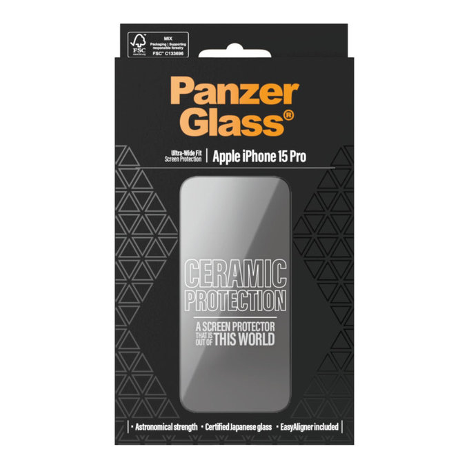 Schutzglas UWF Ceramic mit Applikator für iPhone 15 Pro, Schwarz, PanzerGlass