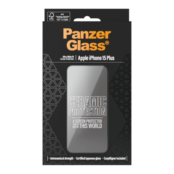 Schutzglas UWF Ceramic mit Applikator für iPhone 15 Plus, Schwarz, PanzerGlass