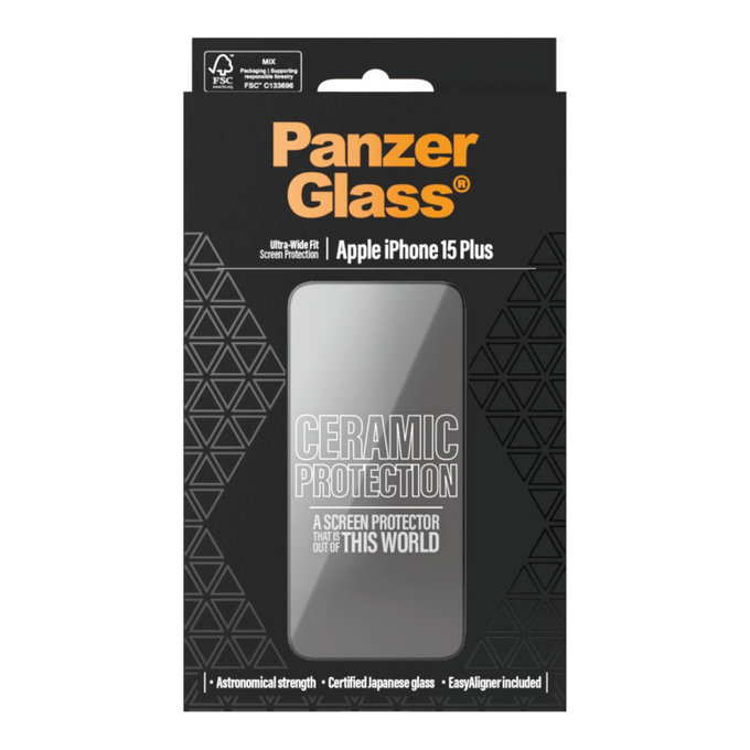 Schutzglas UWF Ceramic mit Applikator für iPhone 15 Plus, Schwarz, PanzerGlass