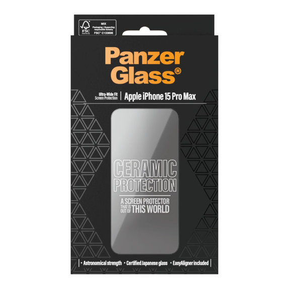 Schutzglas UWF Ceramic mit Applikator für iPhone 15 Pro Max, Schwarz, PanzerGlass
