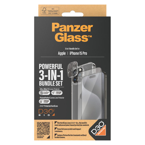 Bundle PicturePerfect + Panzerglas UWF + Hard Case D3O für iPhone 15 Pro, PanzerGlass