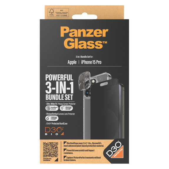 Bundle PicturePerfect + Panzerglas UWF Privacy + Hard Case D3O für iPhone 15 Pro, PanzerGlass