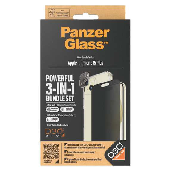 Bundle PicturePerfect + Panzerglas UWF Privacy + Hard Case D3O für iPhone 15 Plus, PanzerGlass