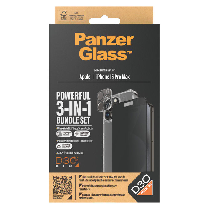 Bundle PicturePerfect + Panzerglas UWF Privacy + Hard Case D3O für iPhone 15 Pro Max, PanzerGlass