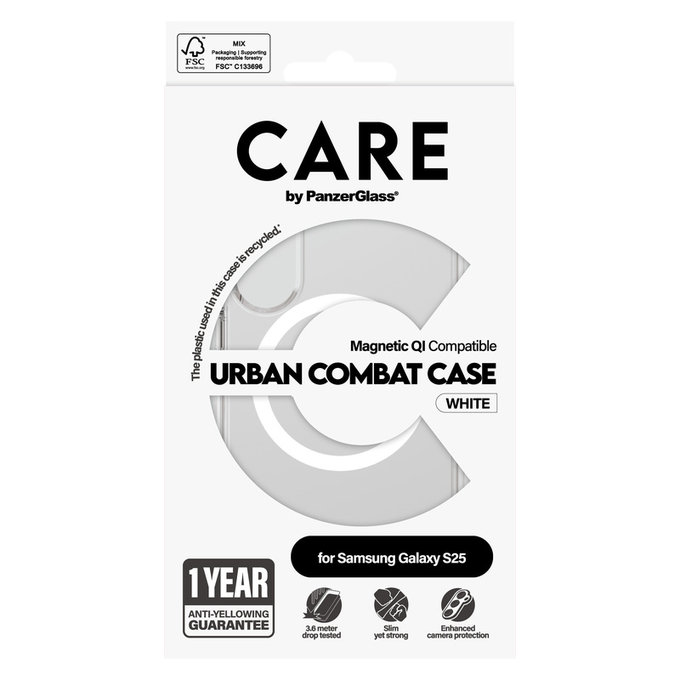 Hülle Urban Combat mit weißem QI für Samsung Galaxy S25, Transparent, PanzerGlass