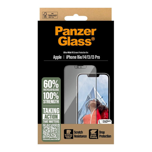 UWF Panzerglas mit Applikator für iPhone 17e/16e/14/13/13 Pro, Schwarz, PanzerGlass