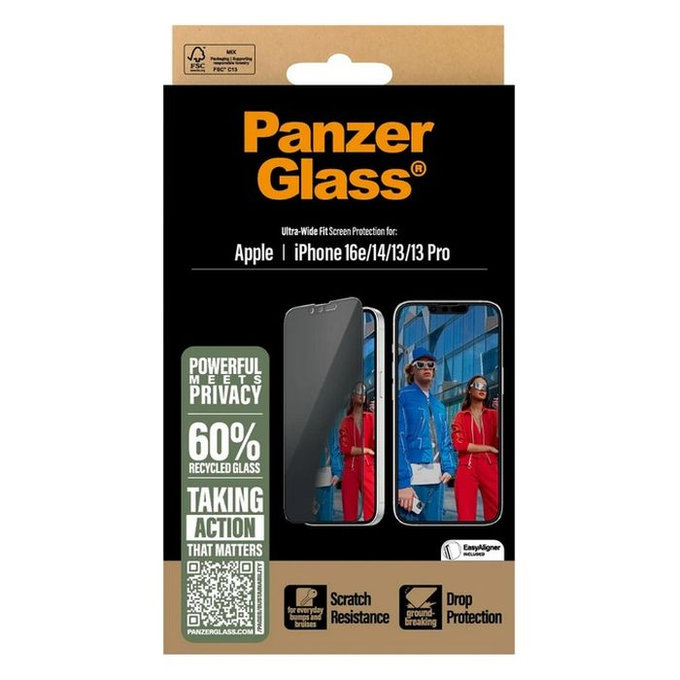 PanzerGlass - Gehärtetes Glas UWF Privacy mit aplikator für iPhone 13, 13 Pro, 14 und 16e, transparent