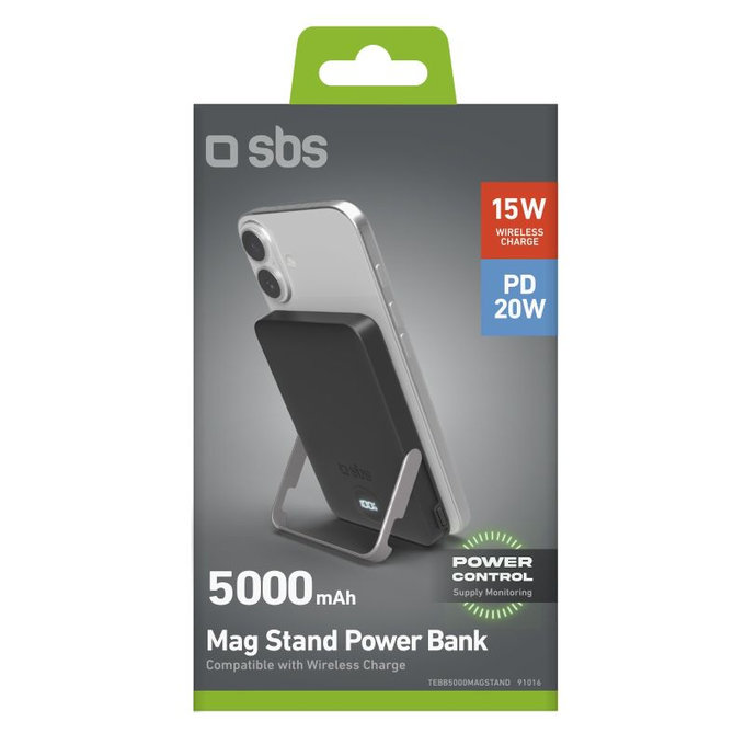 SBS - PowerBank 5000mAh, 20W, Power Delivery, Mag Stand, schwarz