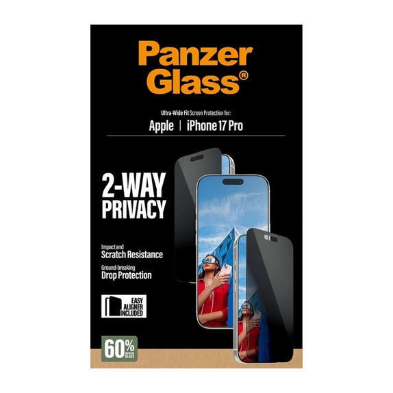 UWF 2-Way Privacy Panzerglas mit Applikator für iPhone 17 Pro, Schwarz, PanzerGlass