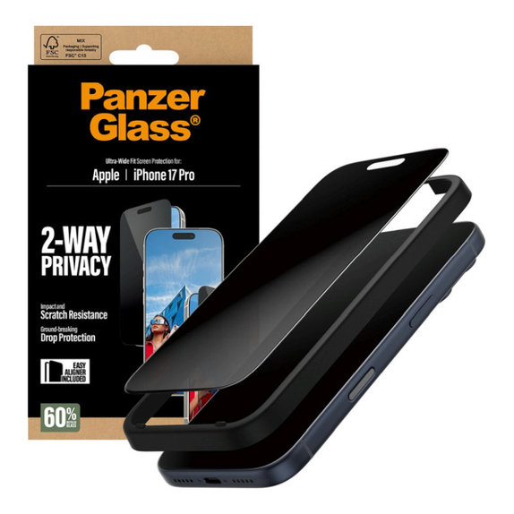 UWF 2-Way Privacy Panzerglas mit Applikator für iPhone 17 Pro, Schwarz, PanzerGlass