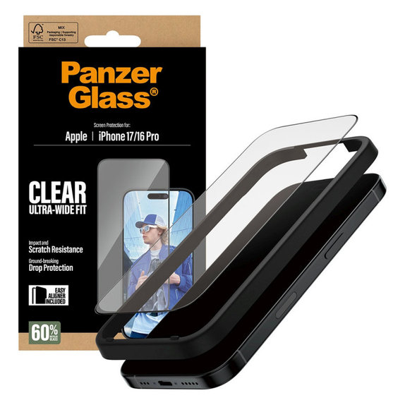 UWF Panzerglas mit Applikator für iPhone 17/16 Pro, Schwarz, PanzerGlass