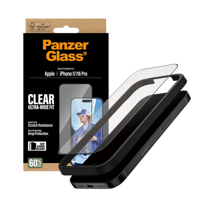 UWF Panzerglas mit Applikator für iPhone 17/16 Pro, Schwarz, PanzerGlass