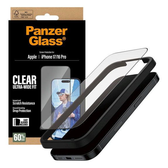 UWF Panzerglas mit Applikator für iPhone 17/16 Pro, Schwarz, PanzerGlass