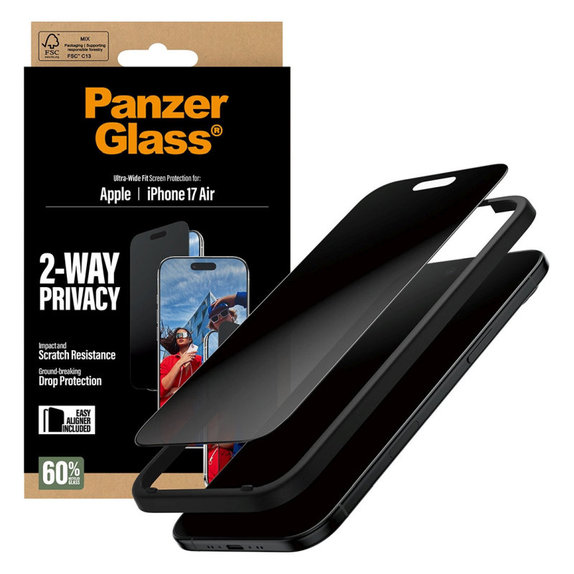 Schutzglas UWF 2-Way Privacy mit Applikator für iPhone 17 Air, Schwarz, PanzerGlass
