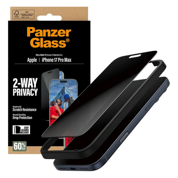 UWF 2-Way Privacy Panzerglas mit Fastfit für iPhone 17 Pro Max, Schwarz, PanzerGlass